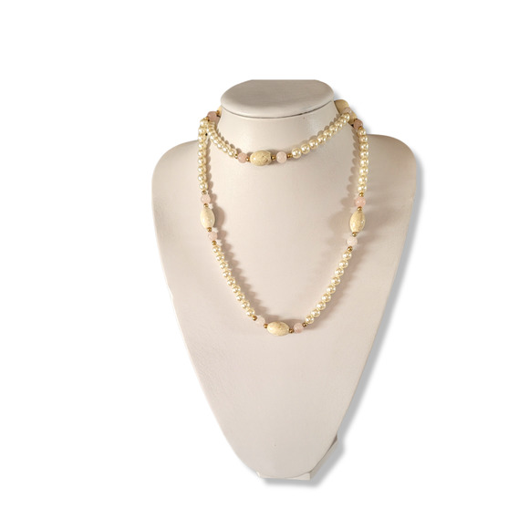 Vintage Stone, Rose Quartz, Faux Pearl, Gold Ball Continuous 36" Necklace - Picture 6 of 6